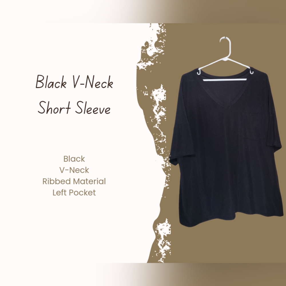 EUC Black Ribbed With Pocket V Neck Too